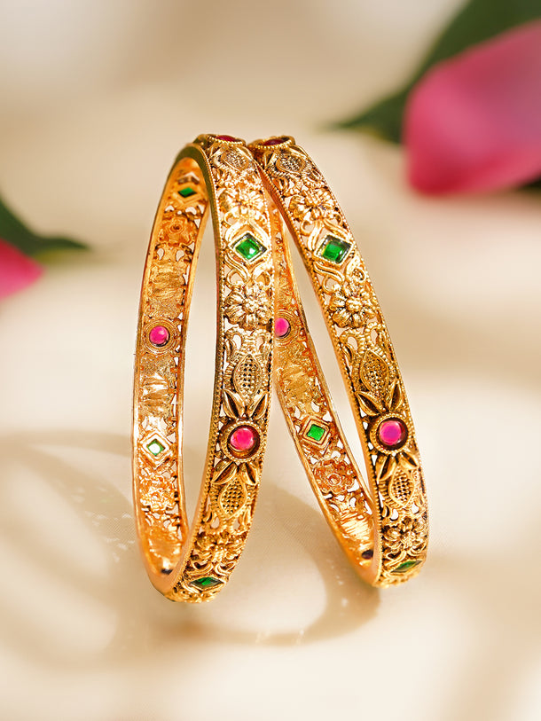Rubans Set of 2 Pink & Green Studded Floral Bangles In Gold Tone