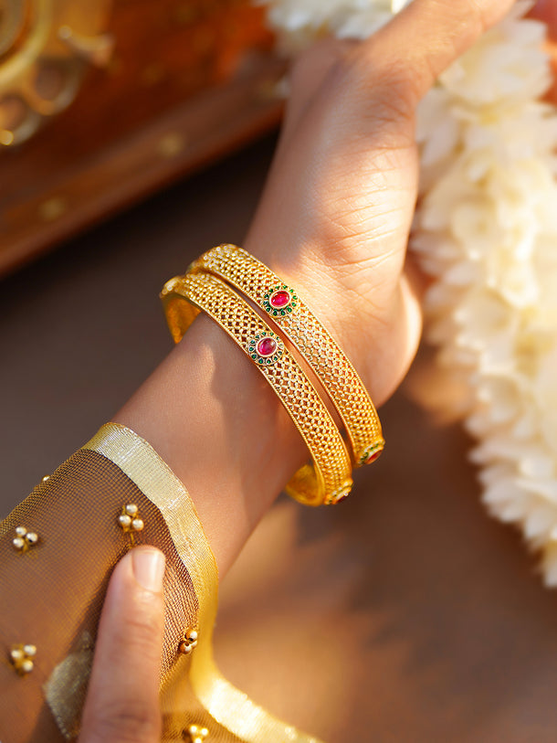 Rubans Set of 2 Pink & Green Studded Bangles In Gold Tone