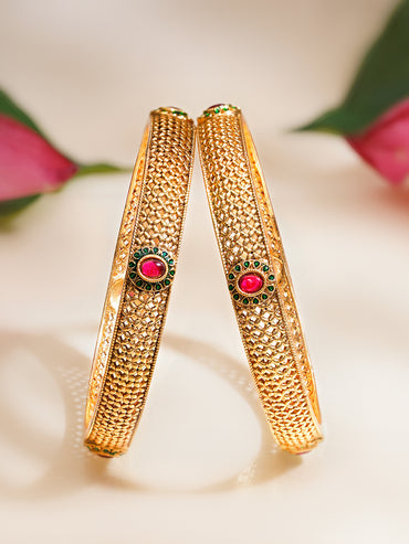 Rubans Set of 2 Pink & Green Studded Bangles In Gold Tone