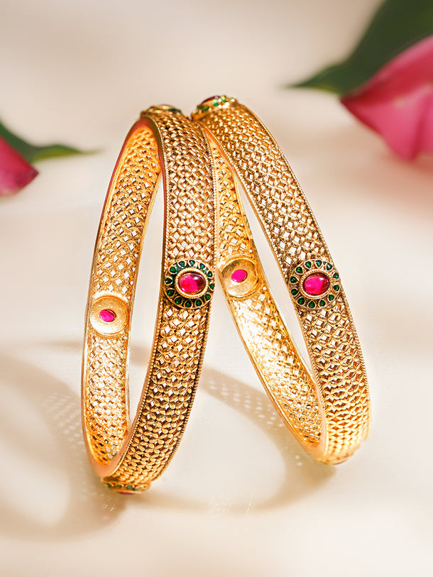 Rubans Set of 2 Pink & Green Studded Bangles In Gold Tone