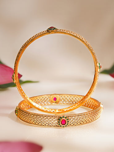 Rubans Set of 2 Pink & Green Studded Bangles In Gold Tone