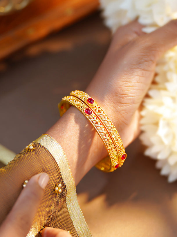 Rubans Set of 2 Gold Plated Ruby Pink Floral Bangles