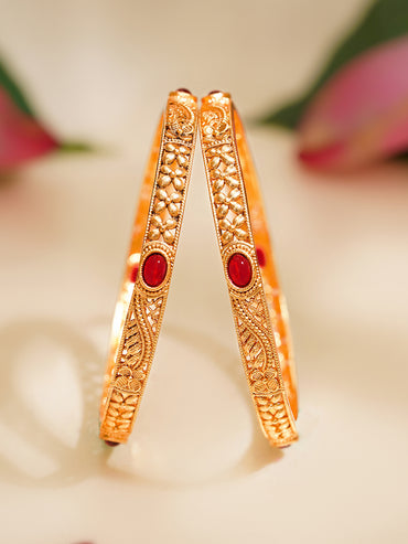 Rubans Set of 2 Gold Plated Ruby Pink Floral Bangles