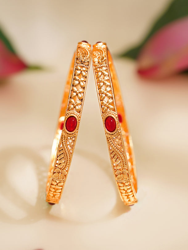 Rubans Set of 2 Gold Plated Ruby Pink Floral Bangles