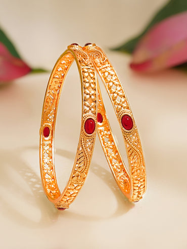 Rubans Set of 2 Gold Plated Ruby Pink Floral Bangles