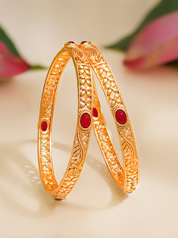 Rubans Set of 2 Gold Plated Ruby Pink Floral Bangles