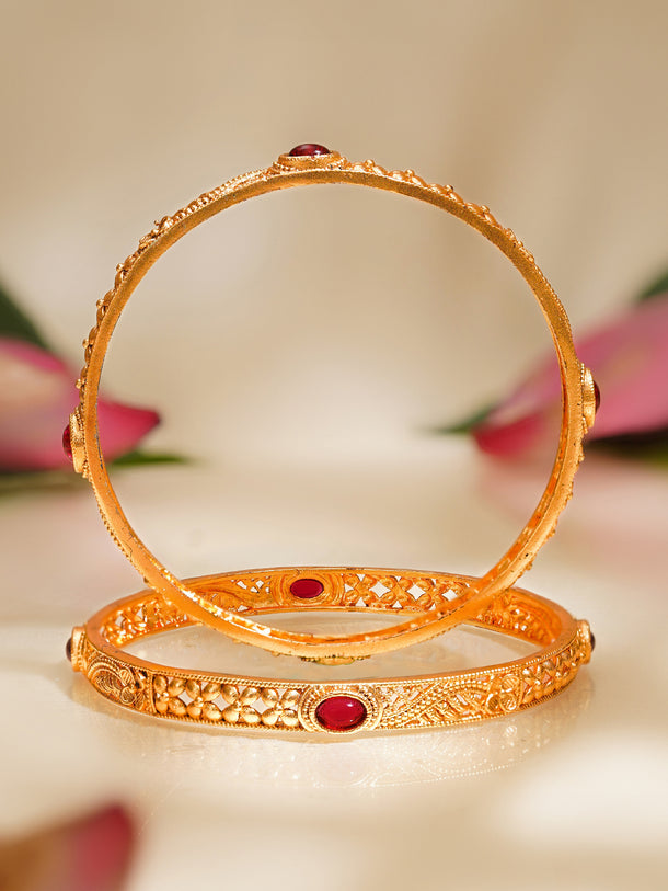 Rubans Set of 2 Gold Plated Ruby Pink Floral Bangles