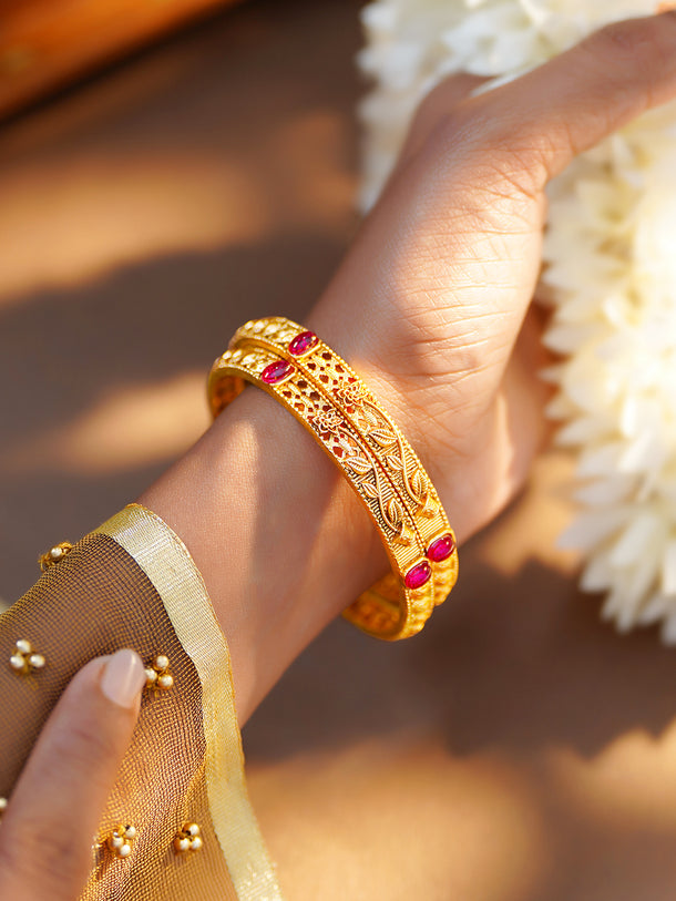 Rubans Set of 2 Gold Plated Ruby Pink Floral Bangles