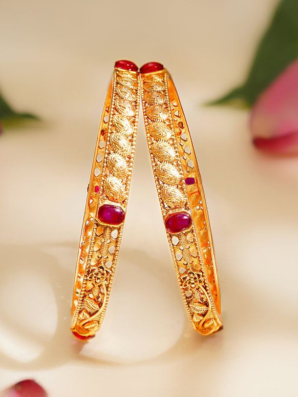 Rubans Set of 2 Gold Plated Ruby Pink Floral Bangles