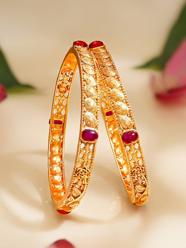 Rubans Set of 2 Gold Plated Ruby Pink Floral Bangles
