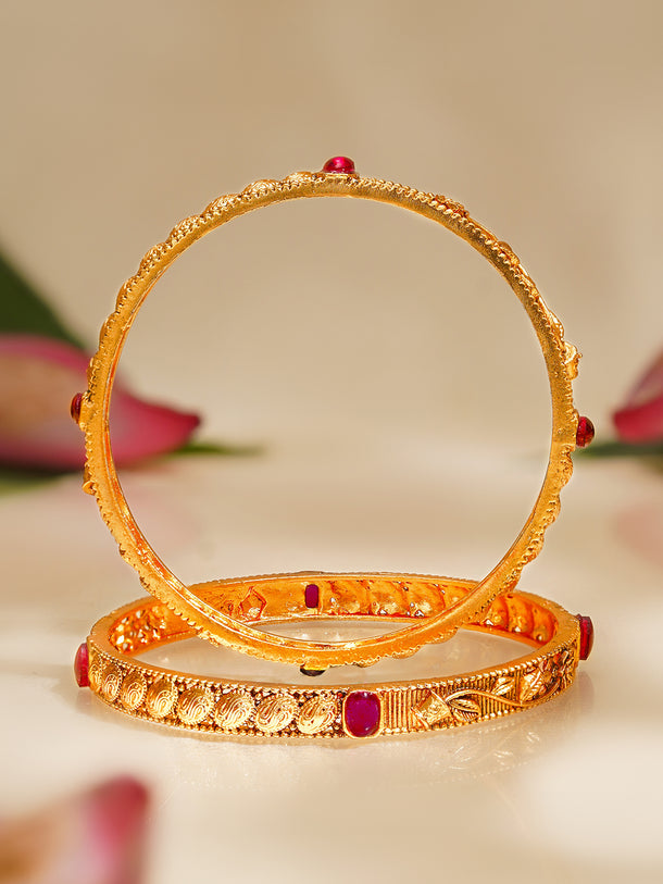Rubans Set of 2 Gold Plated Ruby Pink Floral Bangles