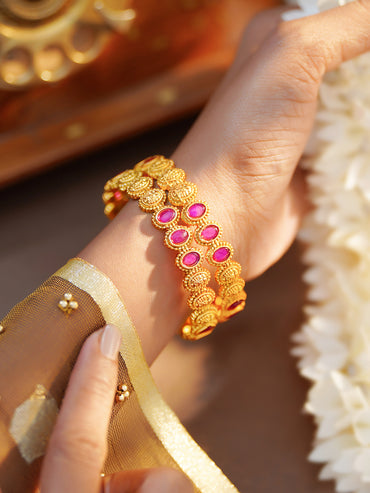 Rubans Set of 2 Gold Plated Ruby Pink Traditional Bangles