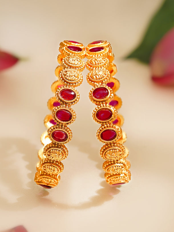 Rubans Set of 2 Gold Plated Ruby Pink Traditional Bangles
