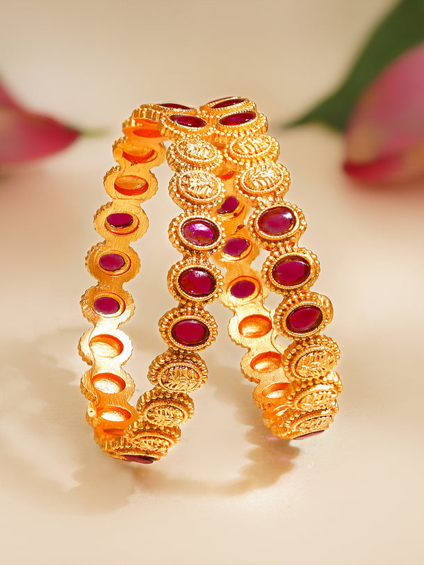 Rubans Set of 2 Gold Plated Ruby Pink Traditional Bangles