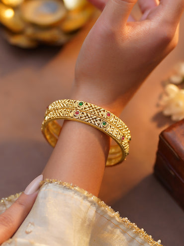 Rubans Set of 2 Pink & Green Studded Floral Bangles In Gold Tone