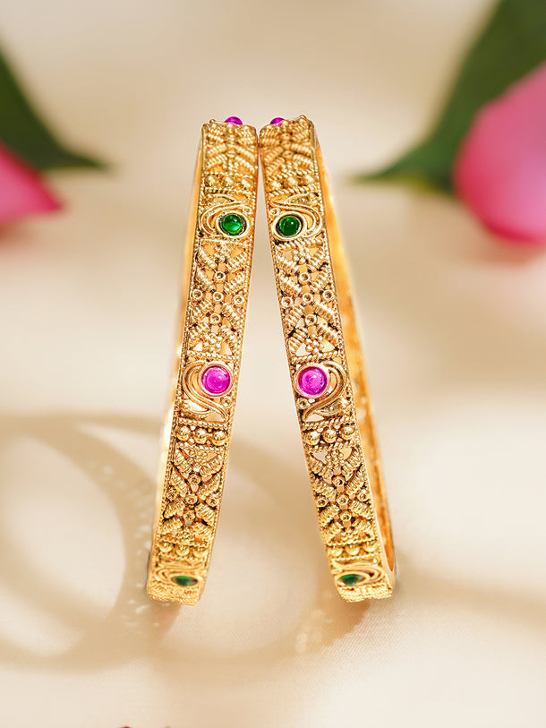 Rubans Set of 2 Pink & Green Studded Floral Bangles In Gold Tone