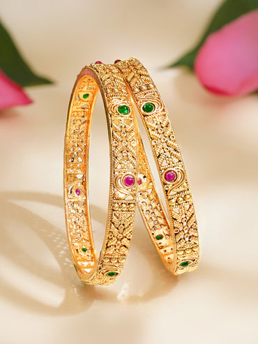 Rubans Set of 2 Pink & Green Studded Floral Bangles In Gold Tone