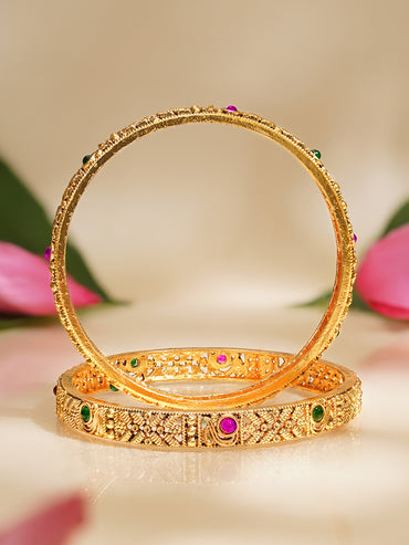 Rubans Set of 2 Pink & Green Studded Floral Bangles In Gold Tone