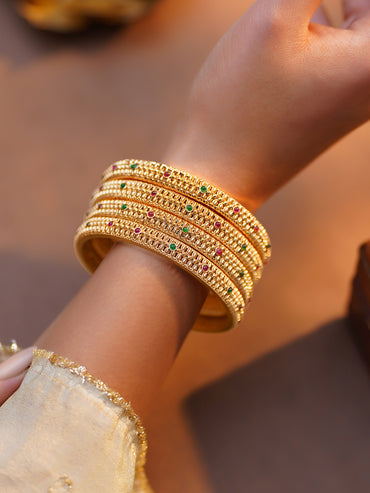 Rubans Set of 4 Pink & Green Studded Floral Bangles In Gold Tone