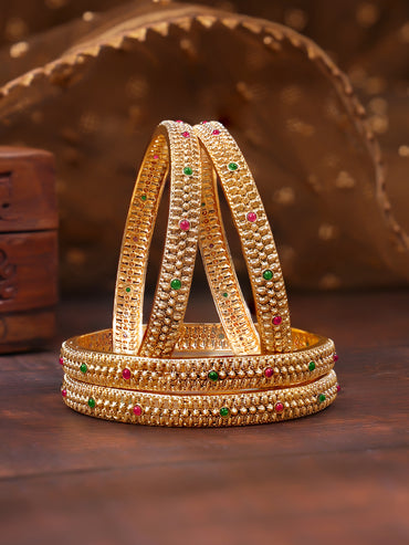 Rubans Set of 4 Pink & Green Studded Floral Bangles In Gold Tone