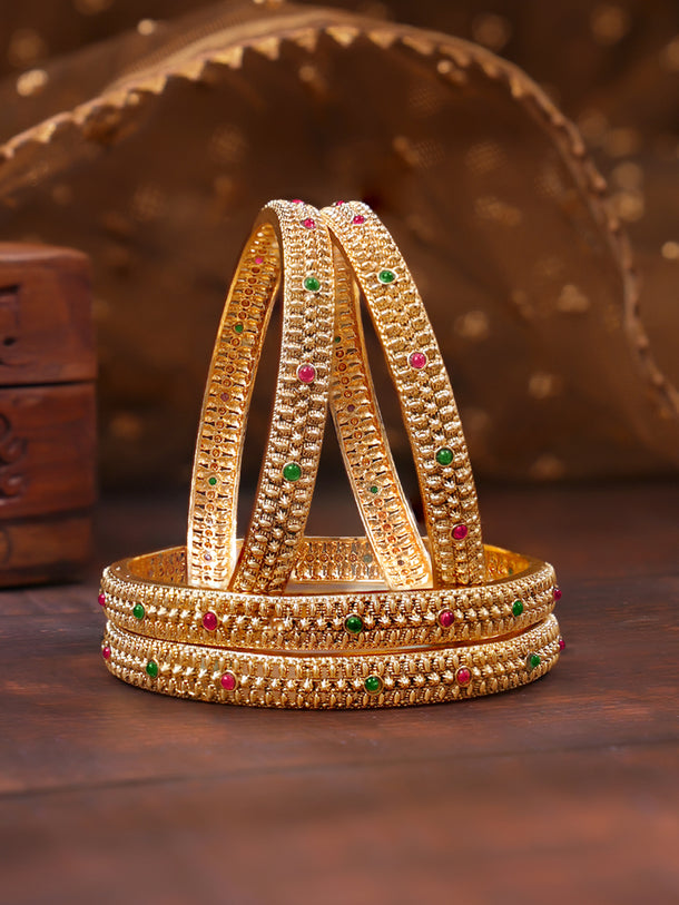 Rubans Set of 4 Pink & Green Studded Floral Bangles In Gold Tone