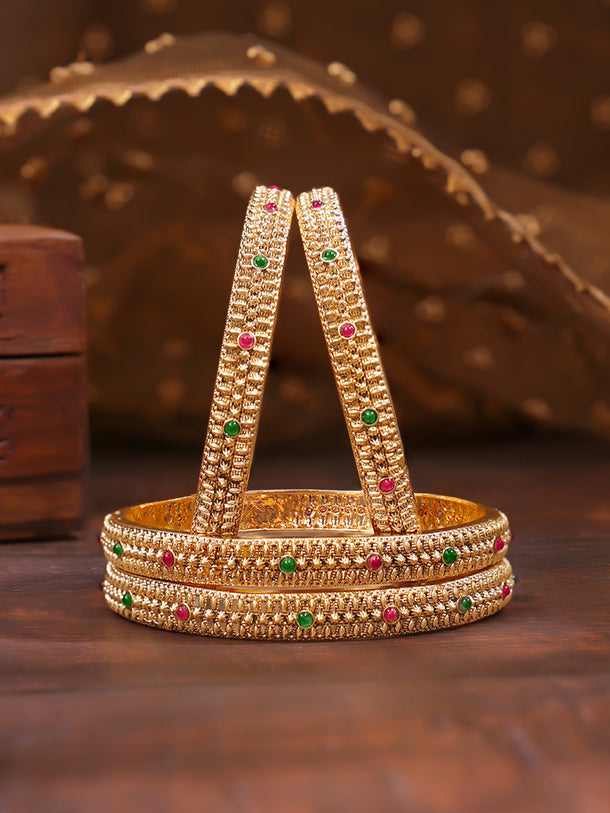 Rubans Set of 4 Pink & Green Studded Floral Bangles In Gold Tone