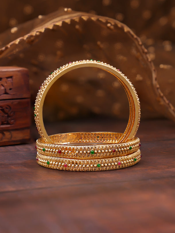 Rubans Set of 4 Pink & Green Studded Floral Bangles In Gold Tone
