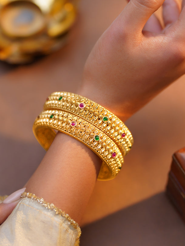 Rubans Set of 2 Gold Plated Pink & Green Studded Traditional Bangles