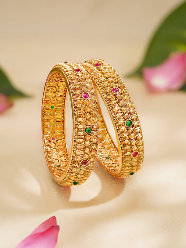 Rubans Set of 2 Gold Plated Pink & Green Studded Traditional Bangles