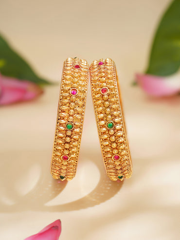 Rubans Set of 2 Gold Plated Pink & Green Studded Traditional Bangles