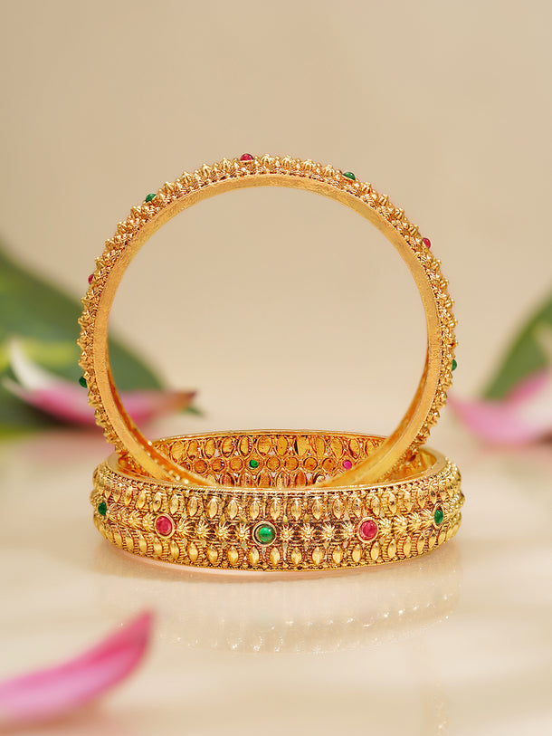 Rubans Set of 2 Gold Plated Pink & Green Studded Traditional Bangles
