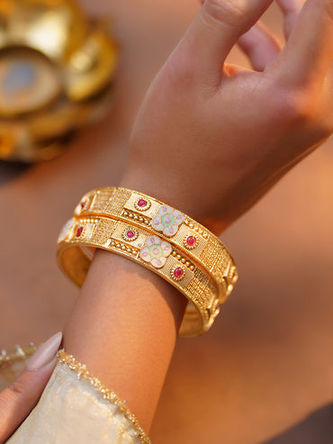 Rubans Set of 2 Gold Plated Ruby Studded Enamel Floral Bangles