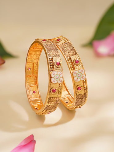 Rubans Set of 2 Gold Plated Ruby Studded Enamel Floral Bangles