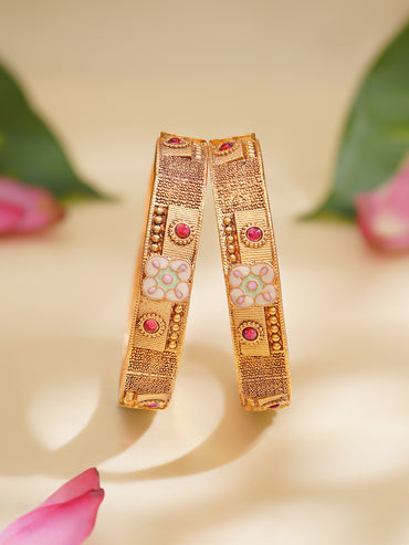 Rubans Set of 2 Gold Plated Ruby Studded Enamel Floral Bangles