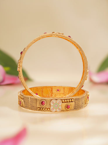 Rubans Set of 2 Gold Plated Ruby Studded Enamel Floral Bangles
