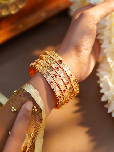 Rubans Set of 4 Gold Plated Ruby Studded Enamel Floral Bangles