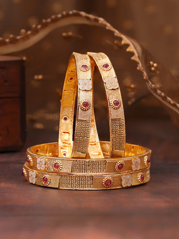 Rubans Set of 4 Gold Plated Ruby Studded Enamel Floral Bangles