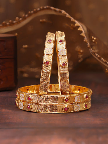Rubans Set of 4 Gold Plated Ruby Studded Enamel Floral Bangles