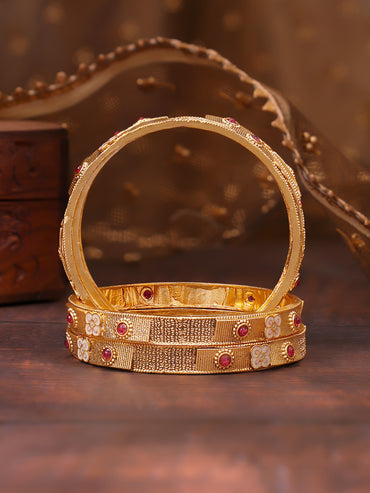Rubans Set of 4 Gold Plated Ruby Studded Enamel Floral Bangles