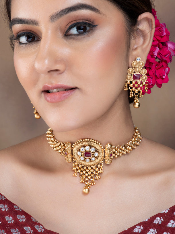Rubans 22K Gold Plated Ruby Red & White Kundan Studded Choker Jewellery Set with Golden Beads
