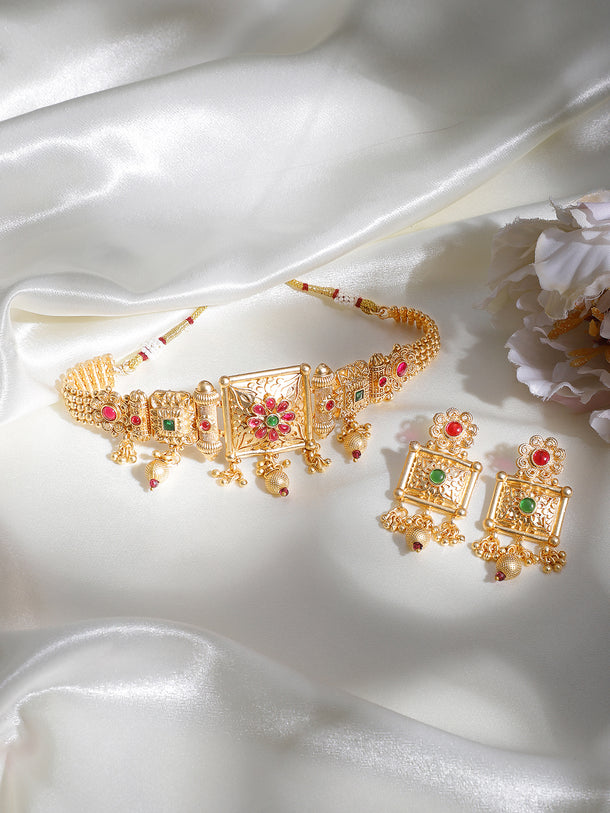 Rubans 22K Gold Plated Ruby Red & White Kundan Studded Choker Jewellery Set with Golden Beads
