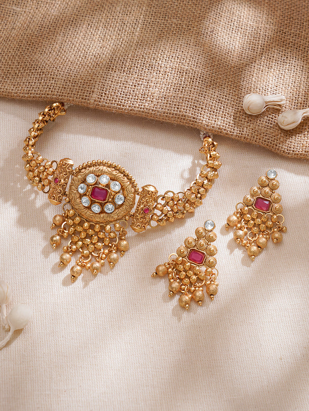 22K Gold Plated Ruby Red & White Kundan Studded Choker Jewellery Set with Golden Beads