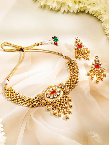 22K Gold Plated Ruby Red & White Kundan Studded Choker Jewellery Set with Golden Beads