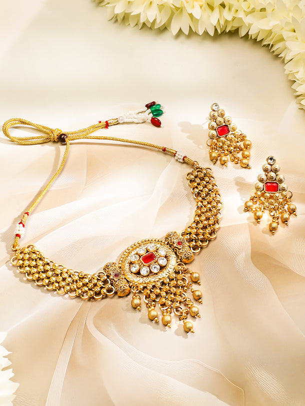 22K Gold Plated Ruby Red & White Kundan Studded Choker Jewellery Set with Golden Beads