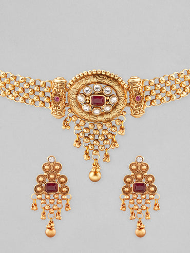 Rubans 22K Gold Plated Ruby Red & White Kundan Studded Choker Jewellery Set with Golden Beads