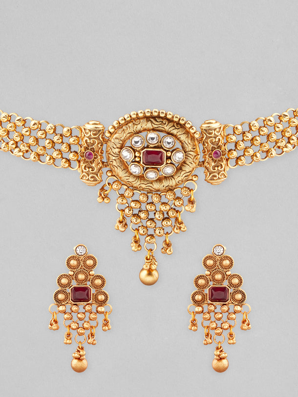 Rubans 22K Gold Plated Ruby Red & White Kundan Studded Choker Jewellery Set with Golden Beads