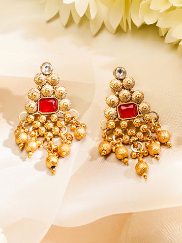 22K Gold Plated Ruby Red & White Kundan Studded Choker Jewellery Set with Golden Beads