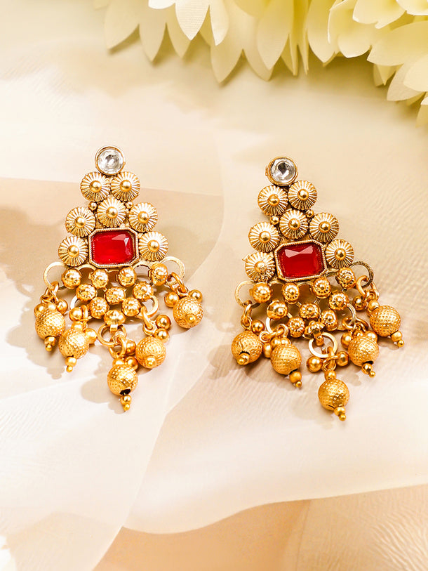 22K Gold Plated Ruby Red & White Kundan Studded Choker Jewellery Set with Golden Beads