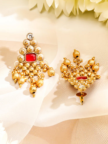 22K Gold Plated Ruby Red & White Kundan Studded Choker Jewellery Set with Golden Beads