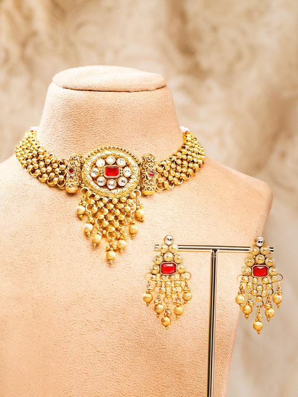 22K Gold Plated Ruby Red & White Kundan Studded Choker Jewellery Set with Golden Beads